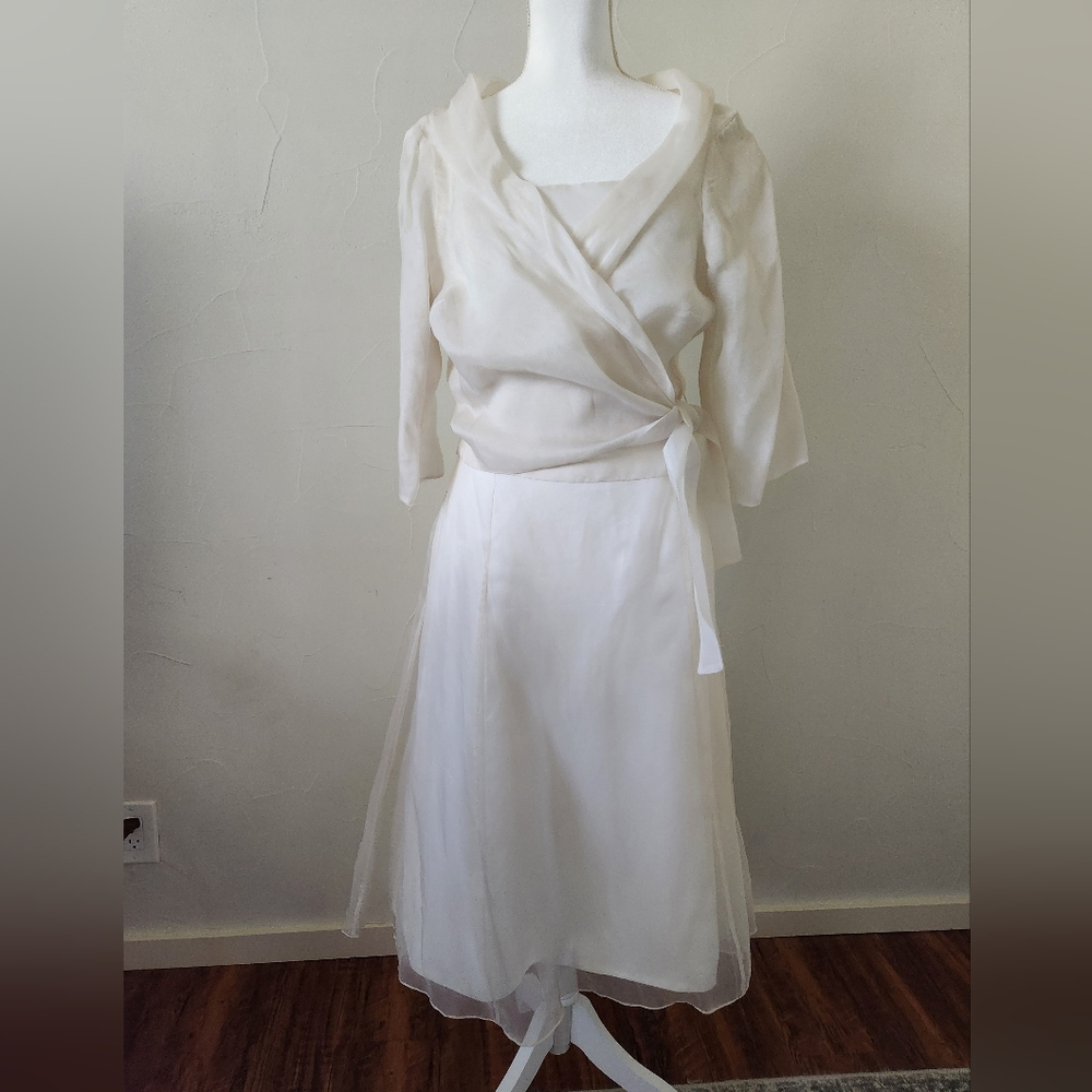 Watters & Watters White Midi Strapless Wedding Dress With Sheer Jacket